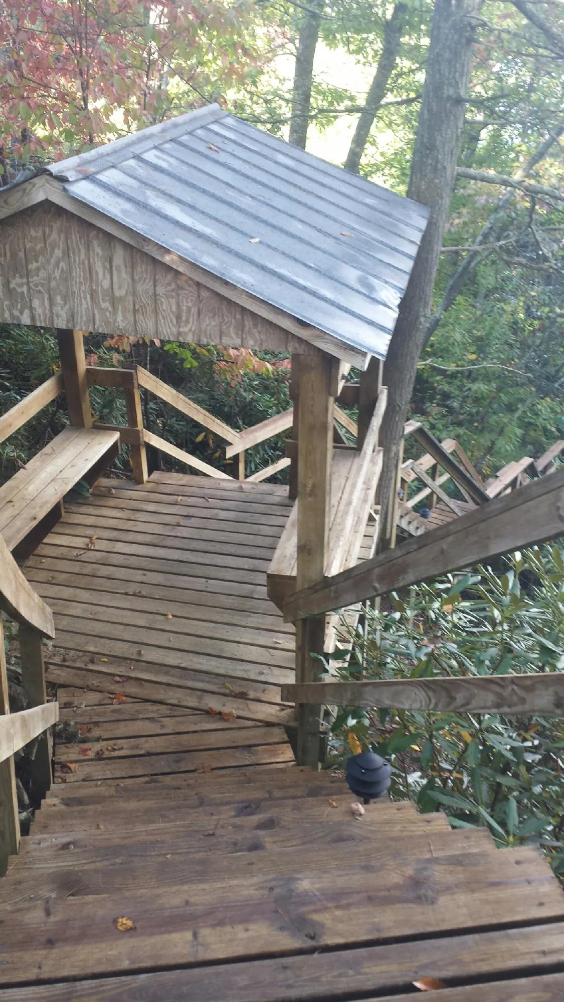 Metal roofed shelter over wooden steps on a wooded walkway — Skylight Repair & Installation work by our crew in Star City